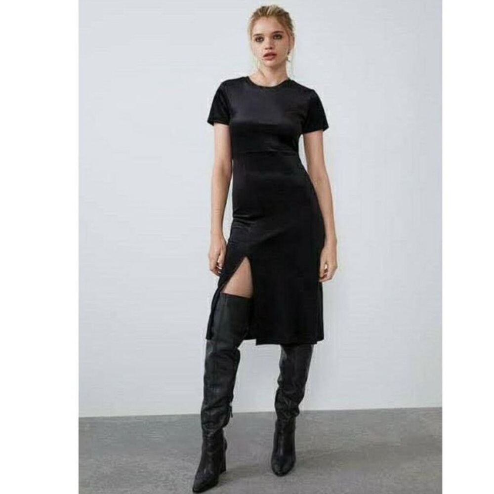 ZARA Bodycon Velvet Dress With Side Slit - Black